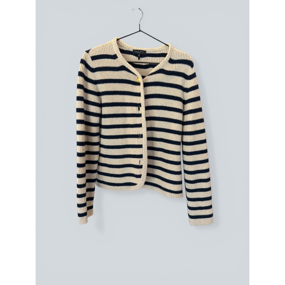 Rag & Bone Striped Merino Wool Blend Cardigan Ivory Navy Gold Buttons Size M